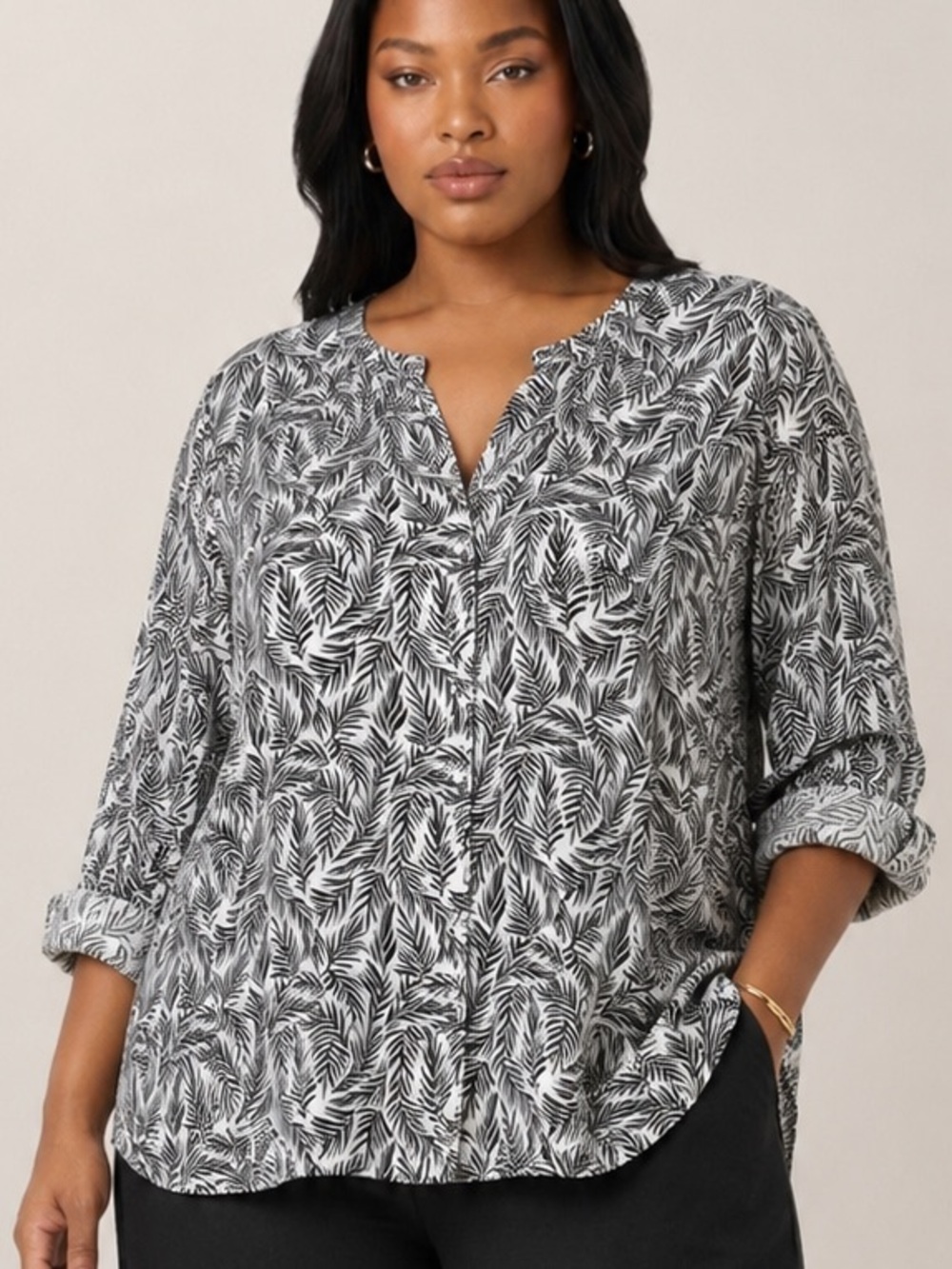 Tahari 100% Linen Leaves Print Button Down Blouse Womens Size 3X Long Sleeve
